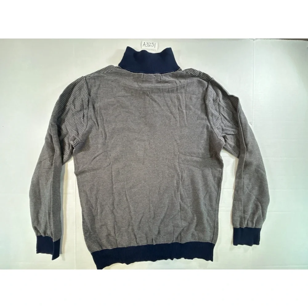 Banana Republic Mens Quarter Zip Sweater Navy Blue Grey Striped Mock Neck Size M